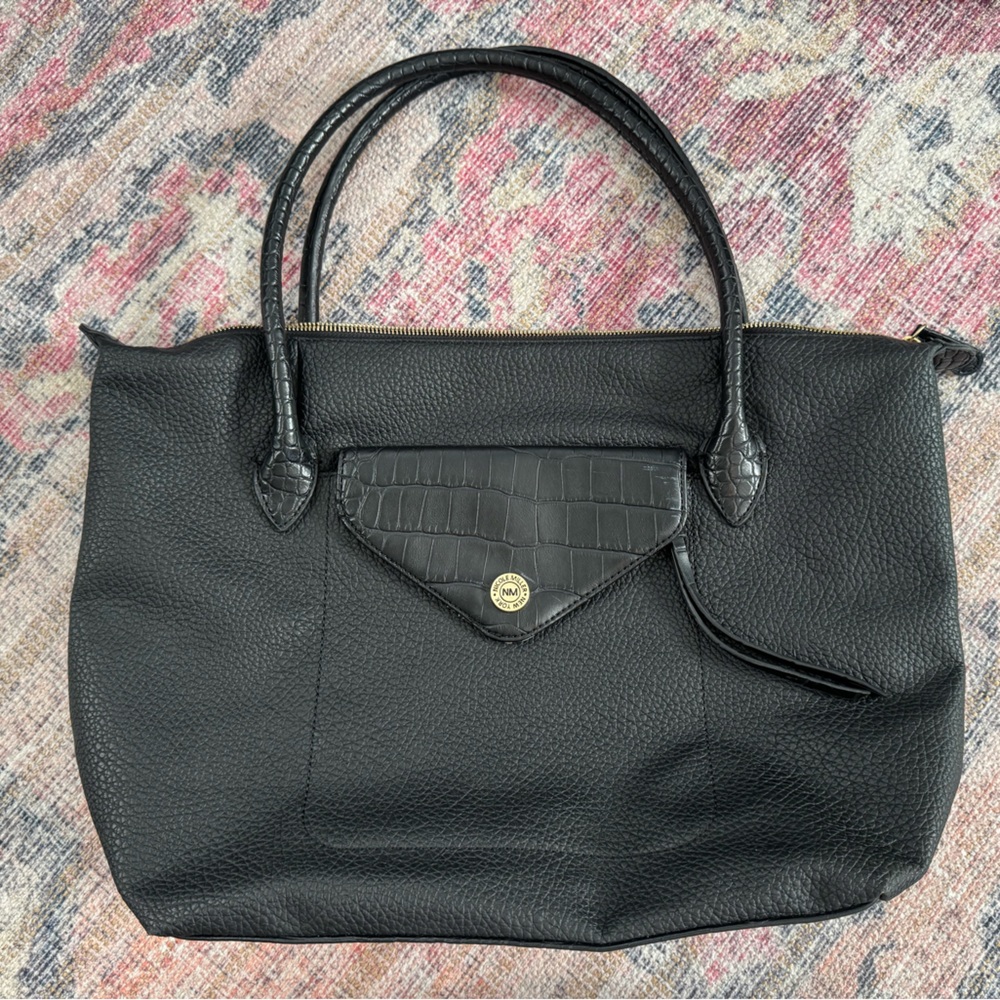 Nicole Miller New York Black Tote with Croc-Accent Flap and Snake Print Lining